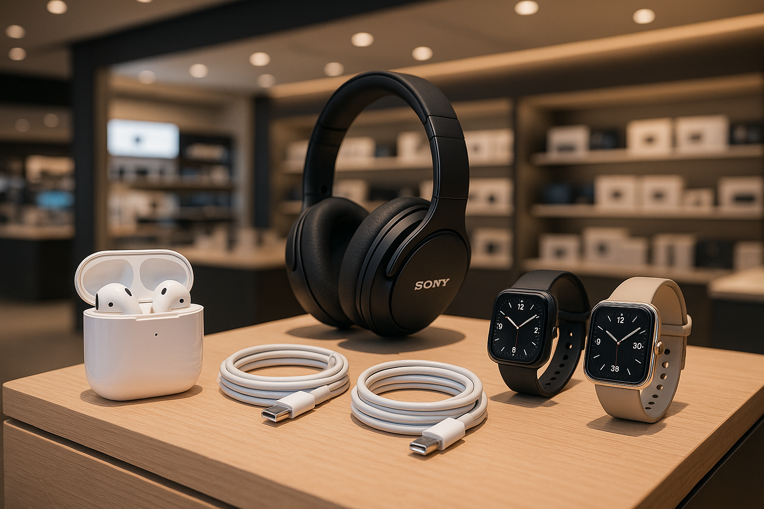 create image of airbuds headphones charging cable watches with shopping background